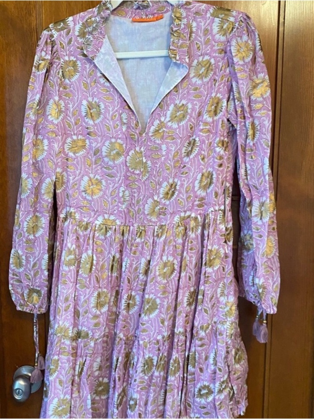 Oliphant Mauve Floral Tiered Mini Dress with Gold Details